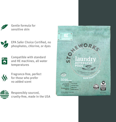 Grab Green Stoneworks Laundry Detergent Pods Sample Kit, 10 Count, Birch Branch, Fragrance Free Rain, Oak Tree, Olive Leaf, Rose Petal Scents, Pla...
