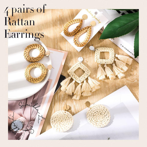 6 Packs Women Belt Straw Woven Elastic Wide Stretch Waist Belt Rattan Earrings Set, Tassel Hoop Drop Dangle Bohemian Fashion Earrings and Dress Br...