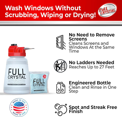 Full Crystal Window Cleaning Kit- 4 oz Glass Cleaner and Bottle with 27ft Reach will clean up to 20 Windows- Scrub Free, Rinse Free Glass Cleaner ...