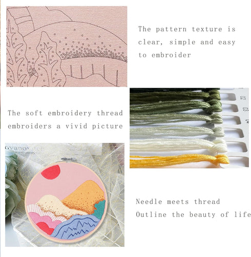 embroidery kit, pink embroidery cloth, pattern of mountains, embroidery starter kit, also includes hoop, needle, thread and instructions (pink)......