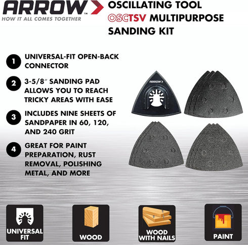 Arrow OSCTSV-1 Multipurpose Sanding Kit for Oscillating Tools for Wood and Metal, Universal, Fits Most Multitools, 10-Piece Set Includes Sanding P...