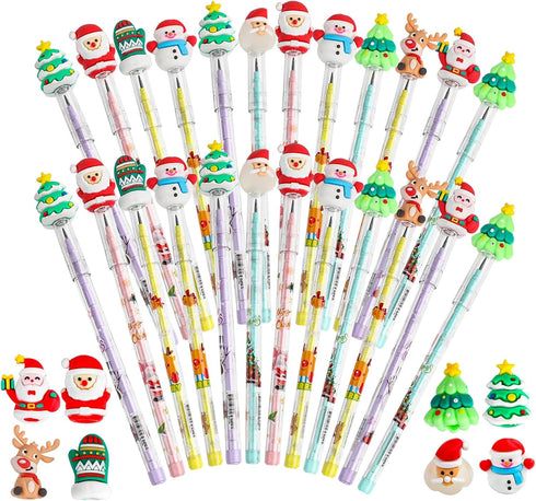 KIMOBER 24PCS Christmas Pencils,Xmas Multi Point Stackable Push Pencil with Santa Christmas Tree Snowman Elk for Kids Christmas Goodie Bag Fillers...