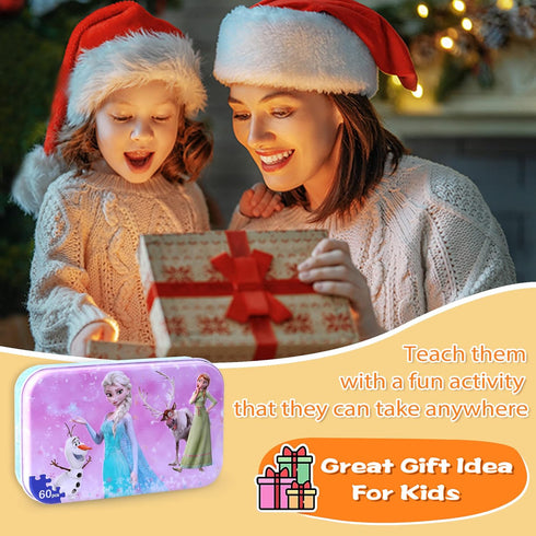 LELEMON Pretty Girl Puzzles for Kids Ages 4-8, 60 Piece Snowman Puzzles for Kids Ages 3-5,Children Jigsaw Puzzles Kids Puzzles in a Metal Box,Educ...