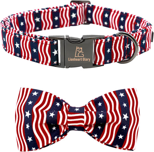 Lionheart glory American Flag Dog Collar, 4 of July Dog Bow Collar Heavy Duty Adjustable Patriotic Dog Collar with Bowtie for Small Dogs Pet Gift...