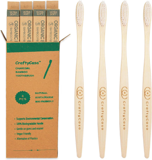 Biodegradable Bamboo White Bristles Toothbrush - 4 Pack, BPA Free Toothbrush with Soft Charcoal Bristles, Natural Compostable Wooden Toothbrush...
