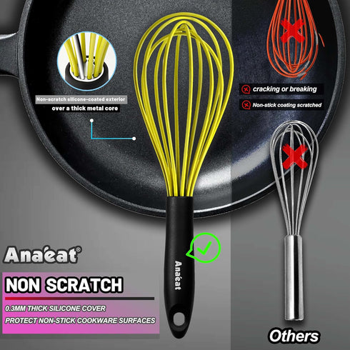 Anaeat Silicone Whisk, Thick Stainless Steel Wire Inner Heat Resistant - Kitchen Whisks for Non-Stick Cookware, Balloon Egg Beater for Whisking, B...