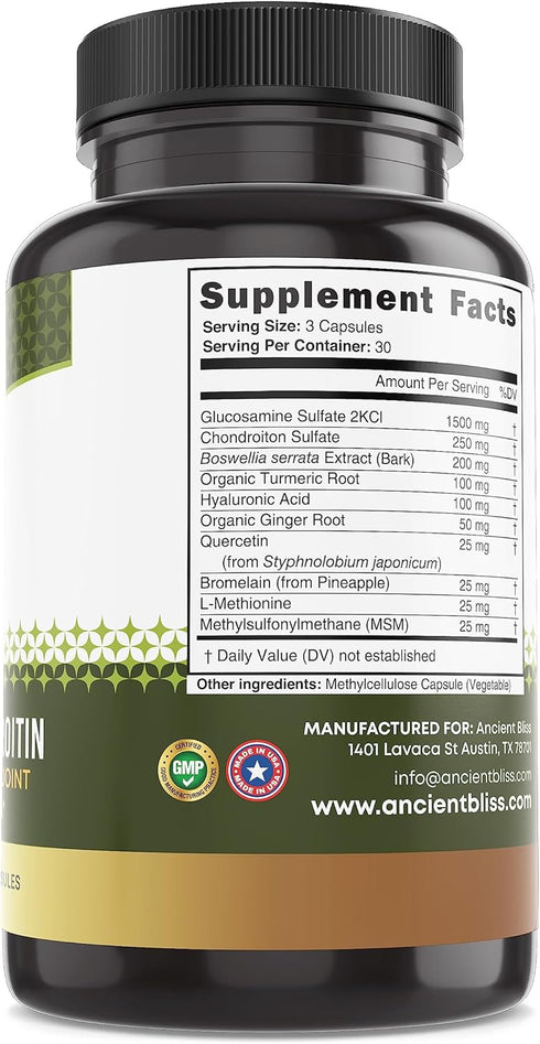 Glucosamine Chondroitin MSM Mobility & Joint Support Supplement for Men & Women with Cartilage Formula for Joint Support by Ancient Bliss (90 Caps...