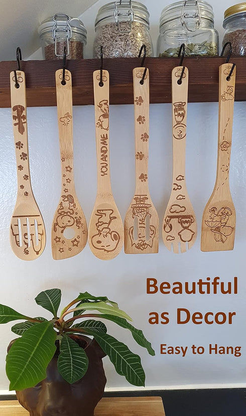 Bejky 6-Pcs Wooden Bamboo Spoons Set - Organic Food Cooking Utensils - Kitchen Accessories and Home Decor - Cookware Gifts for Women - Nonstick Ea...
