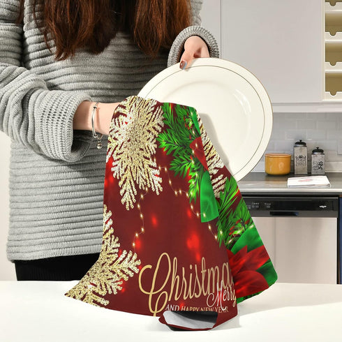 ALAZA Christmas Poinsettia and Snowflakes Decorative Kitchen Dish Towels Set of 4,Soft and Absorbent Kitchen Hand Towels Home Cleaning Towels Dish...
