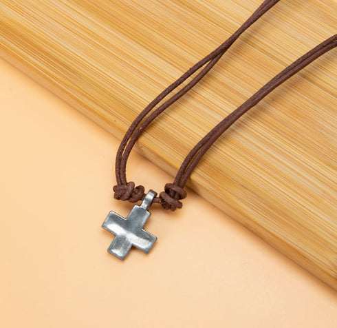 Vintage Cross Necklace Mens Jewelry Genuine Leather Rope Punk Antique Pendant Necklace Fashion Prayer Chain Choker for Women, Brown...