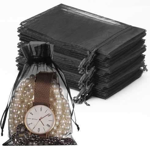 HongyiTime 100PCS Premium Sheer Organza Bags, Black Wedding Favor Bags with Drawstring, 4x6 inches Jewelry Gift Bags for Party, Festival, Makeup O...