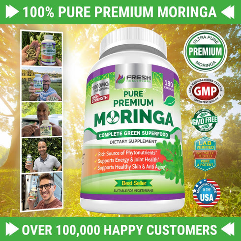 FRESH HEALTHCARE Moringa Oleifera 180 Capsules – 100% Pure Leaf Powder - 3 Month Supply - Non GMO and Gluten Free - Complete Green Superfood Suppl...