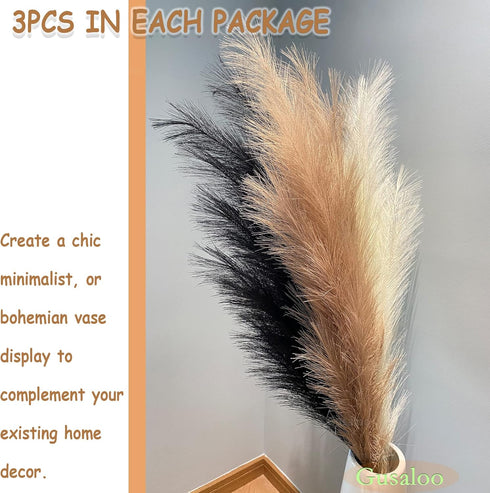 Artificial Faux Pampas Grass Large, 47"/120cm Bundle of 3 Fake Artificial Pampas Grass Decor Tall Fluffy Stems, Floor Vase Filler for Living Room ...