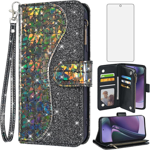 Asuwish Phone Case for Motorola Moto G Stylus 4G 2023 Wallet Cover with Screen Protector and Wrist Strap Bling Glitter Leather Flip Zipper Card Ho...