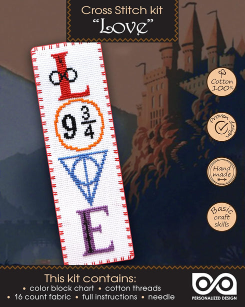 Counted Cross-Stitch Bookmark Kit 'HP Love' - DIY Set for Hand Embroidery with Pattern Design...