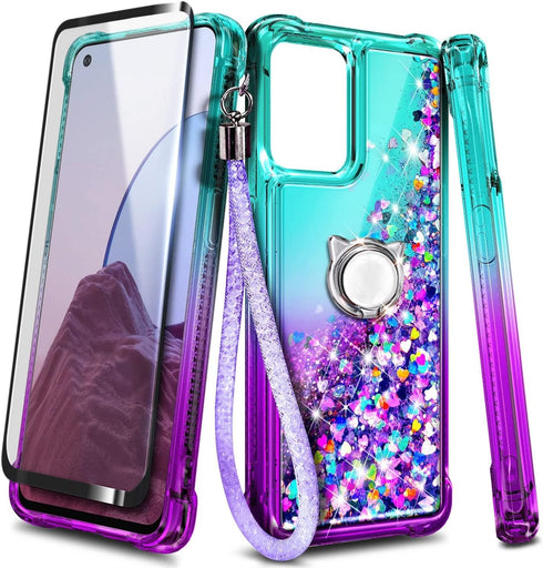 NZND Compatible with T-Mobile REVVL 6 Pro 5G / REVVL 6X Pro 5G Case with Tempered Glass Screen Protector, Ring Holder/Wrist Strap, Glitter Liquid ...