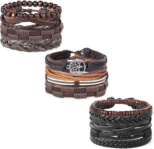 HANPABUM 18pcs Braided Leather Bracelets for Men Women Woven Cuff Wrap Bracelet Wood Beads Ethnic Tribal Bracelets Adjustable...