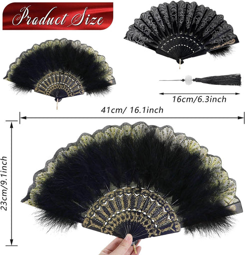 2 Pieces Feather Hand Fan Embroidered Flower Marabou 1920s Feather Fan Hand Folding Drag Queen for 20s Women Costume Party Dancing Photoshoot Wedd...