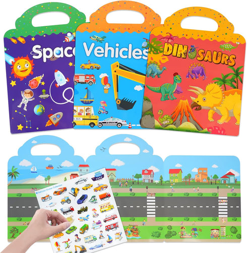 Sticker Book for Kids Ages 4-8, Reusable Sticker Books Educational Toys Learning Books, Space, Vehicles and Dinosaurs Stickers Book for Toddlers K...