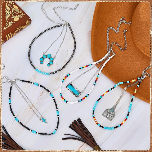 8 Pcs Western Necklaces Western Jewelry for Women Turquoise 4 Turquoise Boho Necklaces and 4 Cowgirl Beaded Choker (Classic Style)...
