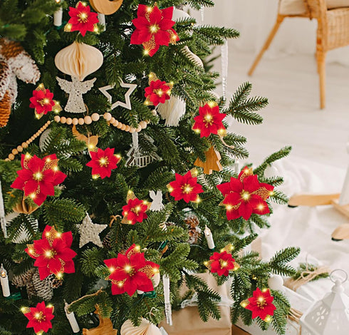 Geefuun 28PCS Christmas Tree Decorations: Poinsettias Artificial Flowers Ornaments Xmas Red Glitter Flower with Clips,3 Sizes Not Included Stems...