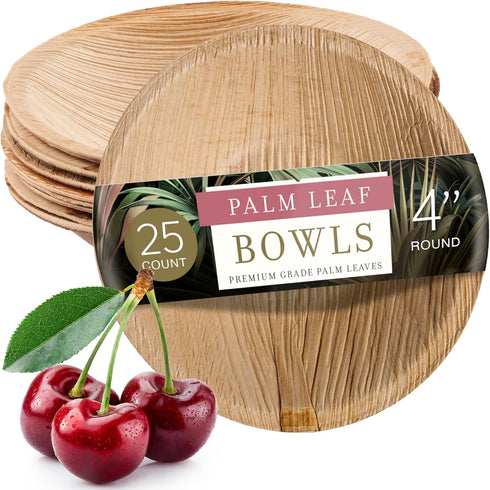 brheez Palm Leaf Disposable Party Bowls - 4 Inch, 25 Pack, Compostable, Bamboo Look, Heavy Duty, EcoFriendly...