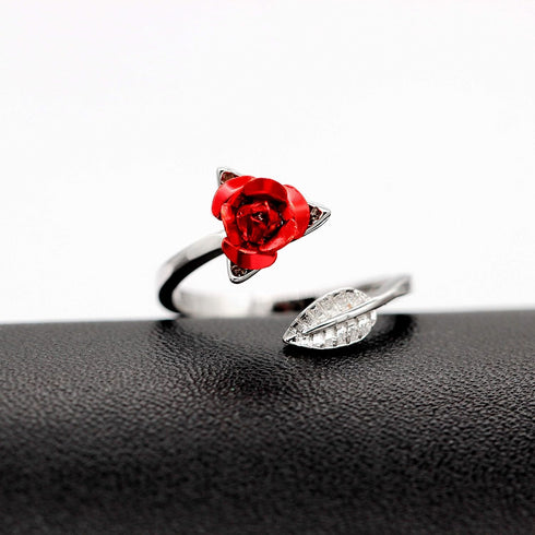 Uloveido Girls Charm Adjustable Red Rose Flower Leaf Ring Wedding Jewelry Valentines Gifts Y456...