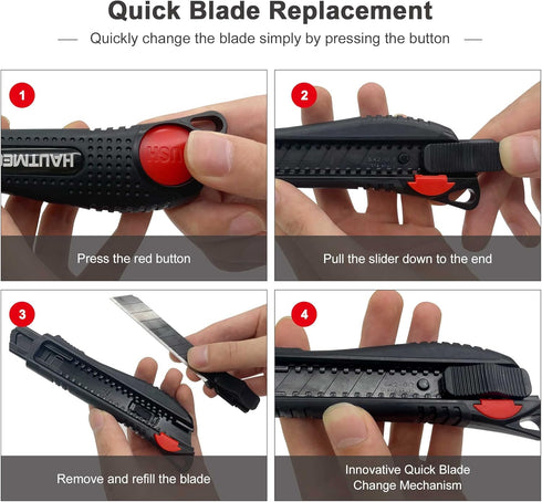 HAUTMEC 18mm Utility Knife Box Cutter with Safety Quick Change Button, Snap off Black SK2 Ultra Sharp Blade, Anti-Slip Ergonomic Rubber Handle for...