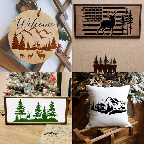 10 Pieces Pine Tree Stencils for Painting, Mountain Stencil Template Reusable Forest Deer Stencils for Wood Burning Canvas Paper Fabric DIY Craft ...