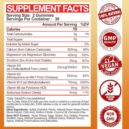 Calcium Magnesium Zinc Gummies with Vitamin D3 & K2 - High Absorption Magnesium Glycinate 400mg - Sugar Free Calcium Supplement - Support Nerve Mu...