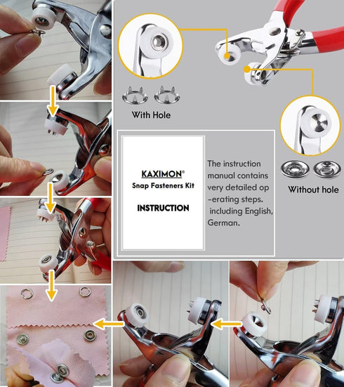 KAXIMON Snap Fasteners Kit 200 Sets, Metal Snap Button Kit with Fastener Pliers No Sewing, 9.5mm Snap on Button Kit Rust Proof DIY Press Studs But...