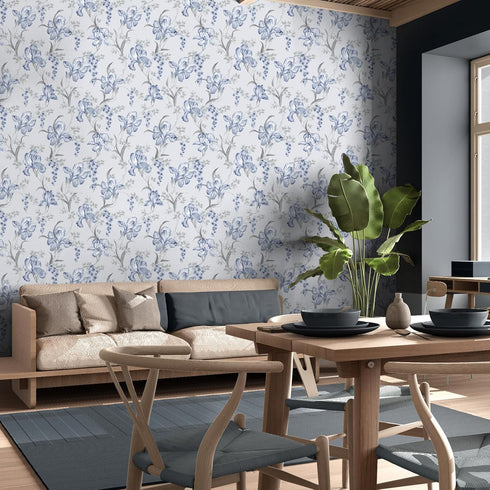 17.7"x118" Blue Grey Floral Peel and Stick Wallpaper Iris Flower Bouquet Leaf Mural Wallpaper Floral Contact Paper Self Adhesive Removable Floral ...