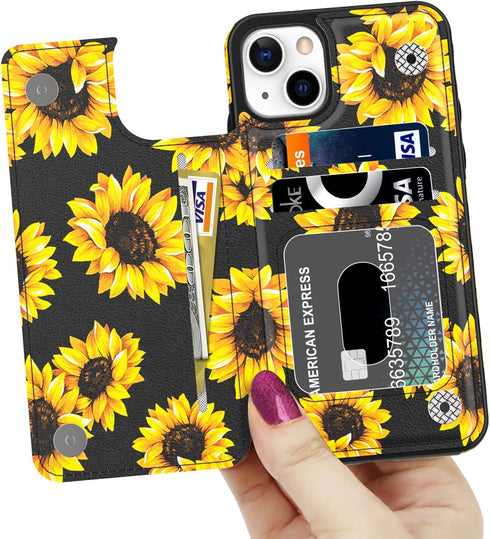LETO for iPhone 13 Case,Flip Folio Leather Wallet Cover with Fashion Flower Designs for Girls Women,Built-in Card Slots Kickstand Protective Phone...
