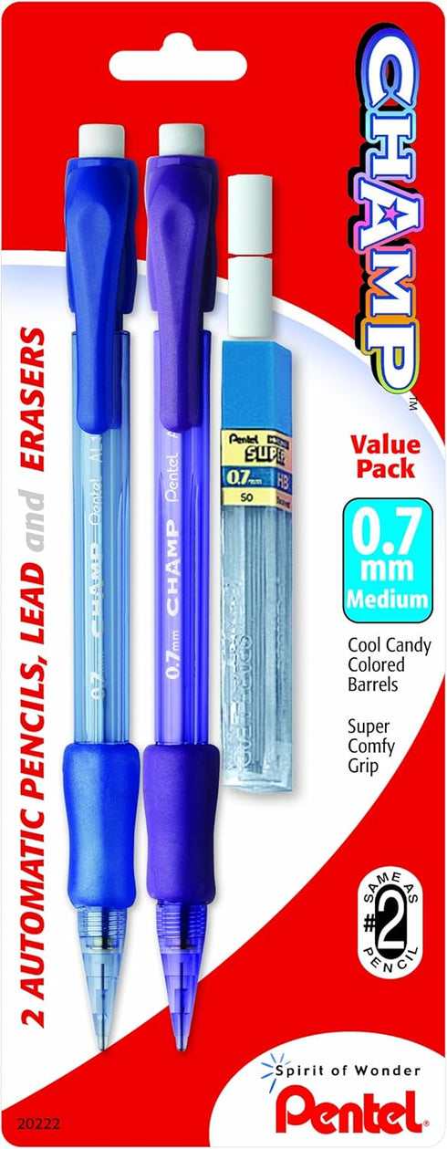 Pentel Champ Automatic Pencil with Lead and 2 Erasers, 0.7mm, Assorted Barrels, 2 Pack (AL17LEBP2)...