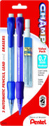 Pentel Champ Automatic Pencil with Lead and 2 Erasers, 0.7mm, Assorted Barrels, 2 Pack (AL17LEBP2)...