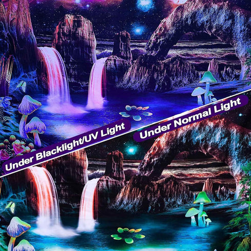 Algasan Blacklight Galaxy Waterfall Tapestry UV Reactive Planet and Mountain Wave Tapestries Fantasy Landscape Plants Tapestry Wall Hanging for Be...