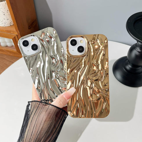 Caseative Pleated Water Ripple Chrome Plating Electroplated Wave Pattern Soft Compatible with iPhone Case (Gold,iPhone 13)...