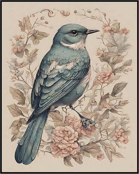 Posterizer 1 pcs- Blue bird in the middle of pink flowers-Art for Animal Lovers-Floral Botanical Art- Gift for Men Women -decor for Bedroom, Offic...