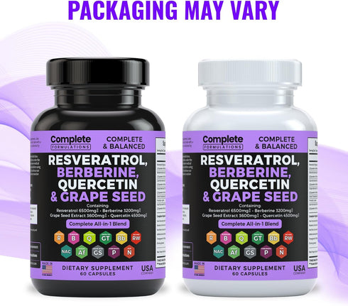 6500mg Resveratrol Supplement with Quercetin 4500mg, Berberine 3200mg, Grape Seed Extract 3600mg & Polyphenol Blend for Skin Health, Immune Suppor...