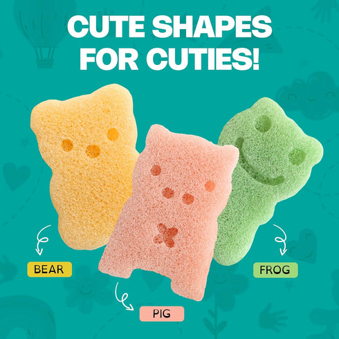 Baby Konjac Bath Sponge – 3 Piece: Frog, Pig, Bear – Baby and Toddler Bath Sponge, All Natural Ingredients, Baby Bath Time Must Have...