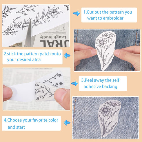 Patemby 100Pcs Water Soluble Embroidery Stabilizers, Stick and Stitch Embroidery Paper with Pre-Printed Flowers and Leaves Pattern Transfers for H...