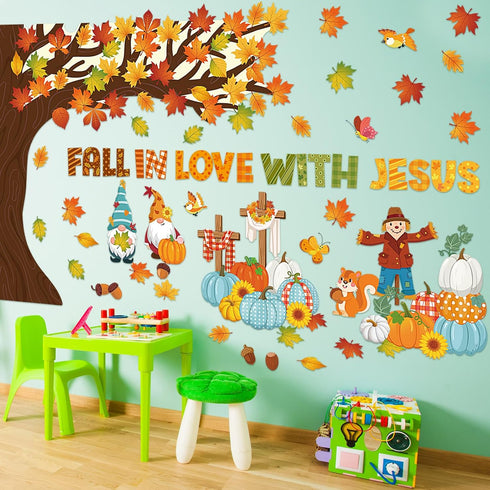 Zonon Fall Classroom Bulletin Board Decorations Christian Fall Love with Jesus Bulletin Board Set Religious Tree Maple Leaf Pumpkin Harvest Cutout...