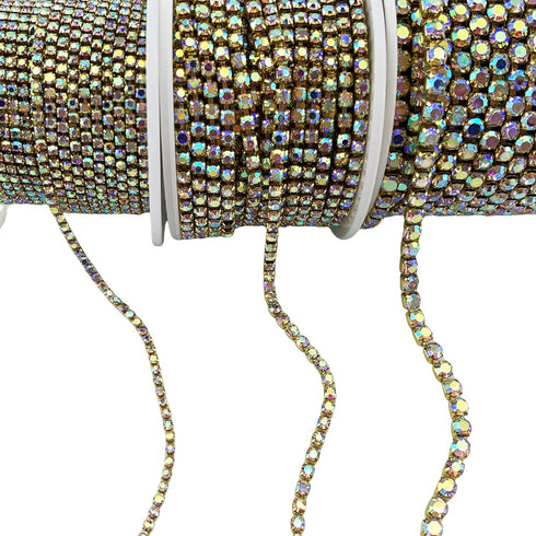 10 Yard Crystal AB Rhinestone Close Chain Clear Trim Sewing Craft (Gold, 3mm)...