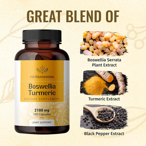 Boswellia Turmeric Capsules - Joint, Digestion & Brain Support Herbal Supplements w/Organic Herb Extract of Black Pepper | Vegan, Gluten Free, Non...