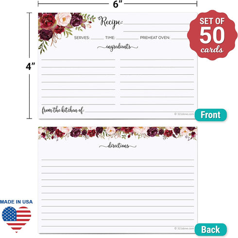 321Done Recipe Cards (Set of 50) Floral 4" x 6" - Double-Sided for Weddings, Bridal Shower - Made in USA - Large Watercolor Red Roses, White From ...