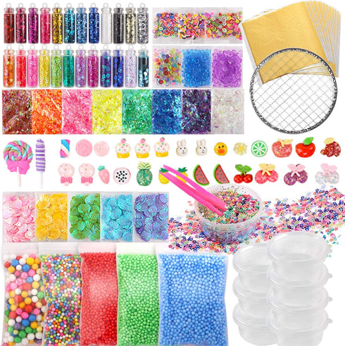 HOLICOLOR 110pcs Slime Making Kit, Add Ins, Accessories, Glitter, Foam Balls, Fishbowl Beads, Sequins, Shells, Candy Charms, Cups for Slime Party...
