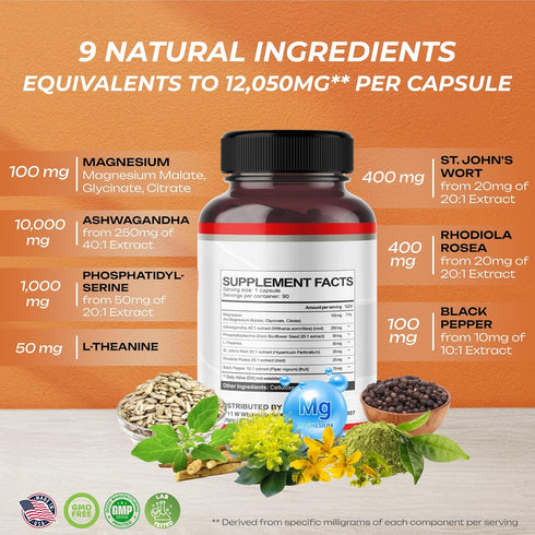 CORTISOL SHIELD 9 in 1-15,250mg Magnesium + Ashwagandha with Phosphatidylserine, L-Theanine, St. John's Wort, Rhodiola Rosea - Relaxation Support,...