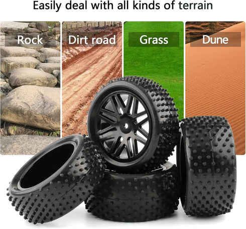 4 Pack RC Buggy Tires 12mm Hex Wheels and Tires 1/10 Off Road RC Buggy Wheels and Tires Tyres Set w/Lock Nuts and Wrench for Bandit VXL Tornado HS...