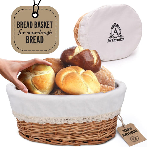 Large Handmade Wicker Bread Basket for Serving Set – 12 inch Sourdough Bread and Pastries Basket with Removable Liner and Cover Bread Storage Cont...