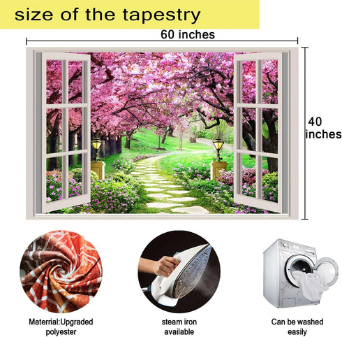 Japanese Cherry Blossom Window Tapestry Tree Forest Path Pink Flowers Window Tapestry Botanical Floral Natural Landscape Aesthetic Tapestry for Li...